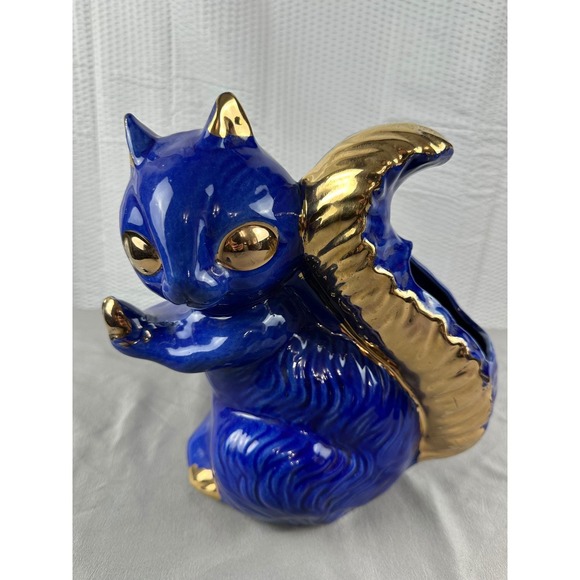 Vintage Blue Ceramic Squirrel Planter Blue‎ w/ Gold Accents Cute Animal Figurine - Picture 2 of 7